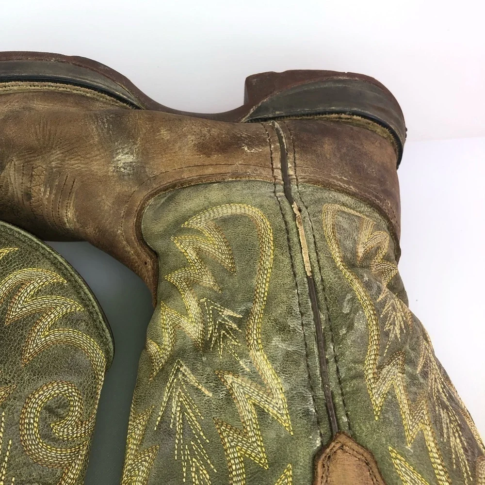 Durango Brown Leather Green Cowboy Western Boots Size 8.5